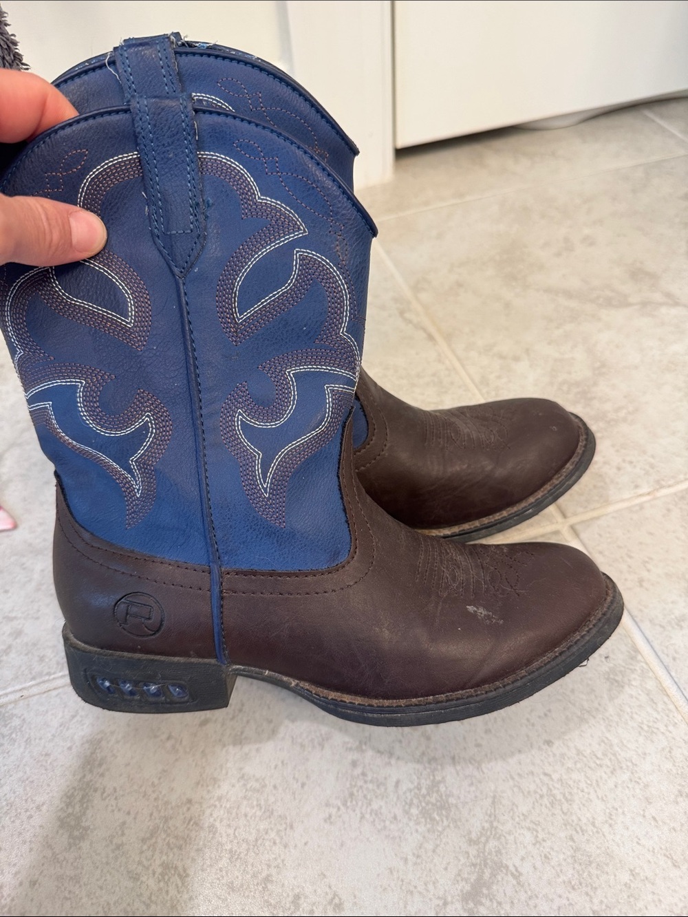 Roper Kids Light Up Brown Leather Boots with Blue Embroidered Shaft